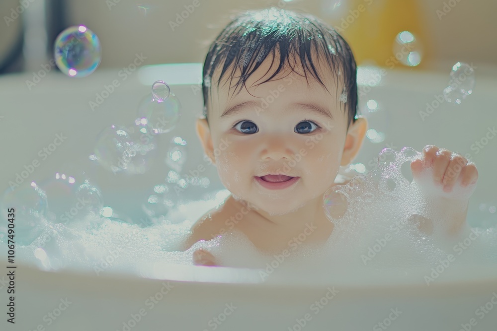 Joyful baby enjoys a bath and playing with foam bubbles at home Joyful baby enjoys a bath and playing with foam bubbles at home