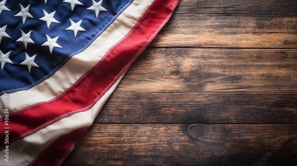 Obraz premium American Flag Draped on Rustic Wooden Surface