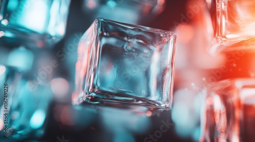 An elegant glass cube rests in focus, highlighted by ambient blue and red lighting, giving an artistic and modern feel to the geometric abstraction artwork. photo