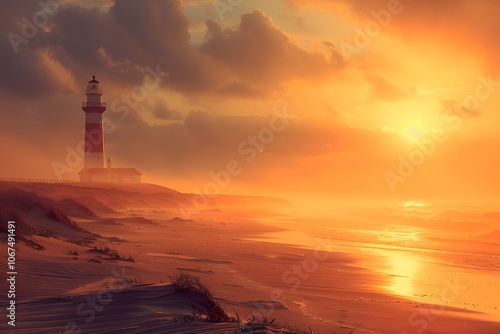 Serene Sunset at the Lighthouse by the Beach photo