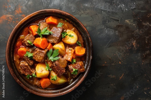 A bowl of hearty beef stew with potatoes and carrots, copy space for text