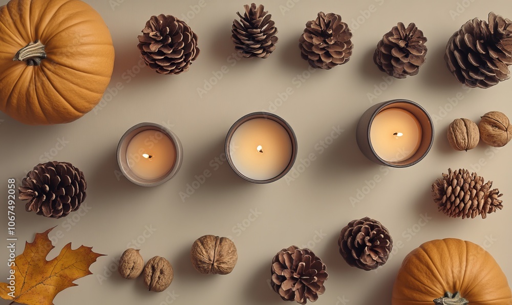 Candles, walnuts, pine cones, and pumpkins create a warm autumn atmosphere arranged in a harmonious flat lay on a neutral backdrop Candles, walnuts, pine cones, and pumpkins create a warm autumn atmosphere arranged in a harmonious flat lay on a neutral backdrop