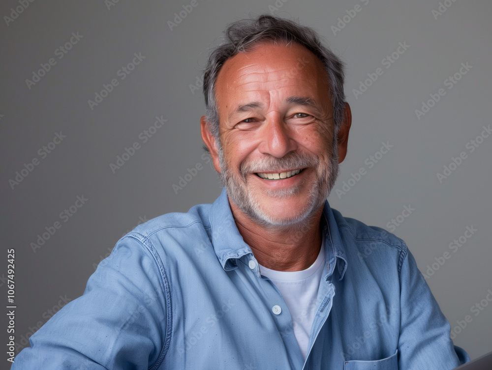 Portrait d'un homme de 60 ans habillé pour le travail, avec une chemise : senior actif au travail, diversité en entreprise sur fond gris Portrait d'un homme de 60 ans habillé pour le travail, avec une chemise : senior actif au travail, diversité en entreprise sur fond gris