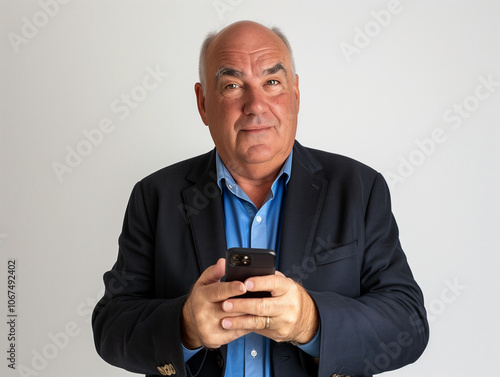 Portrait d'un homme de 60 ans habillé pour le travail, avec une chemise et un costume, devant son smartphone : senior actif au travail, diversité en entreprise sur fond blanc photo