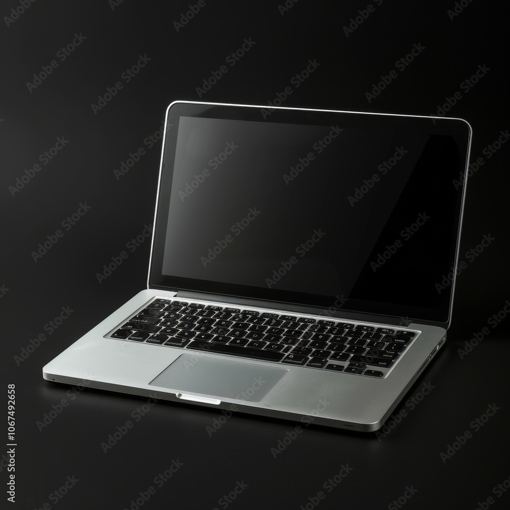 Portable modern silver computer on a black background. Half the computer in the shade Portable modern silver computer on a black background. Half the computer in the shade