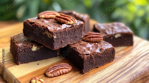 A tempting display of chocolate brownies topped with pecans on a wooden board.