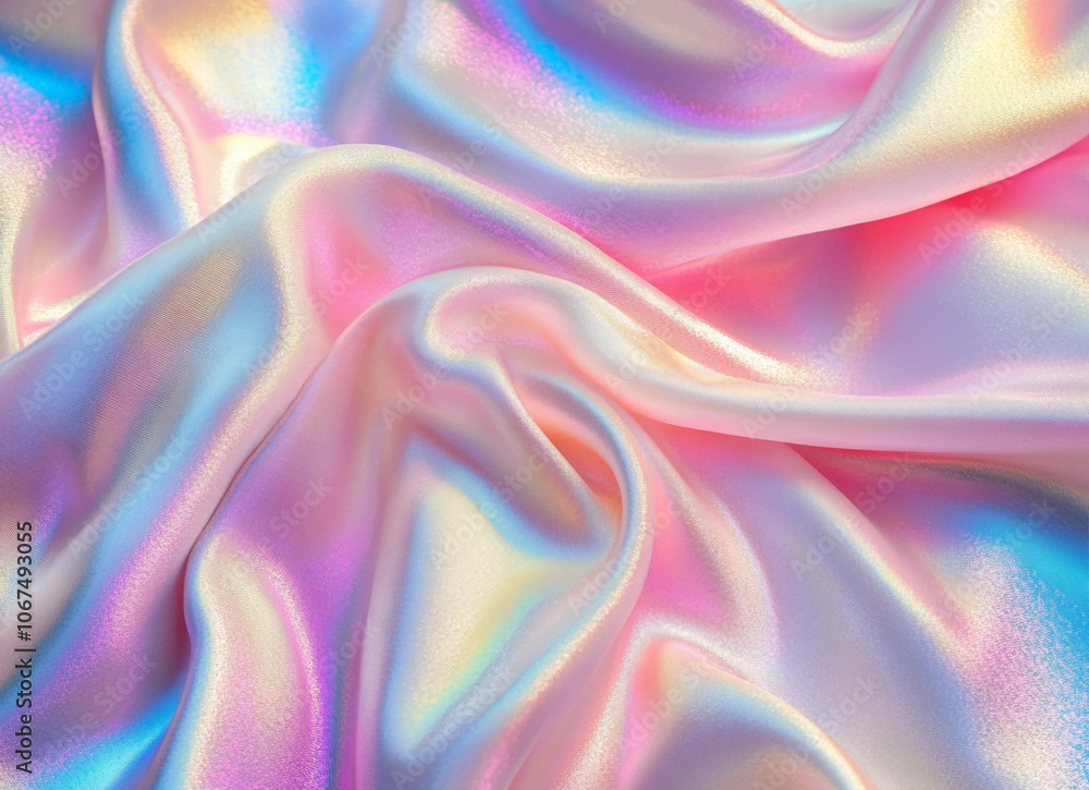 Holographic iridescent background with pink, blue, and purple hues, and a holographic, abstract, wavy cloth background. Soft pastel colors.