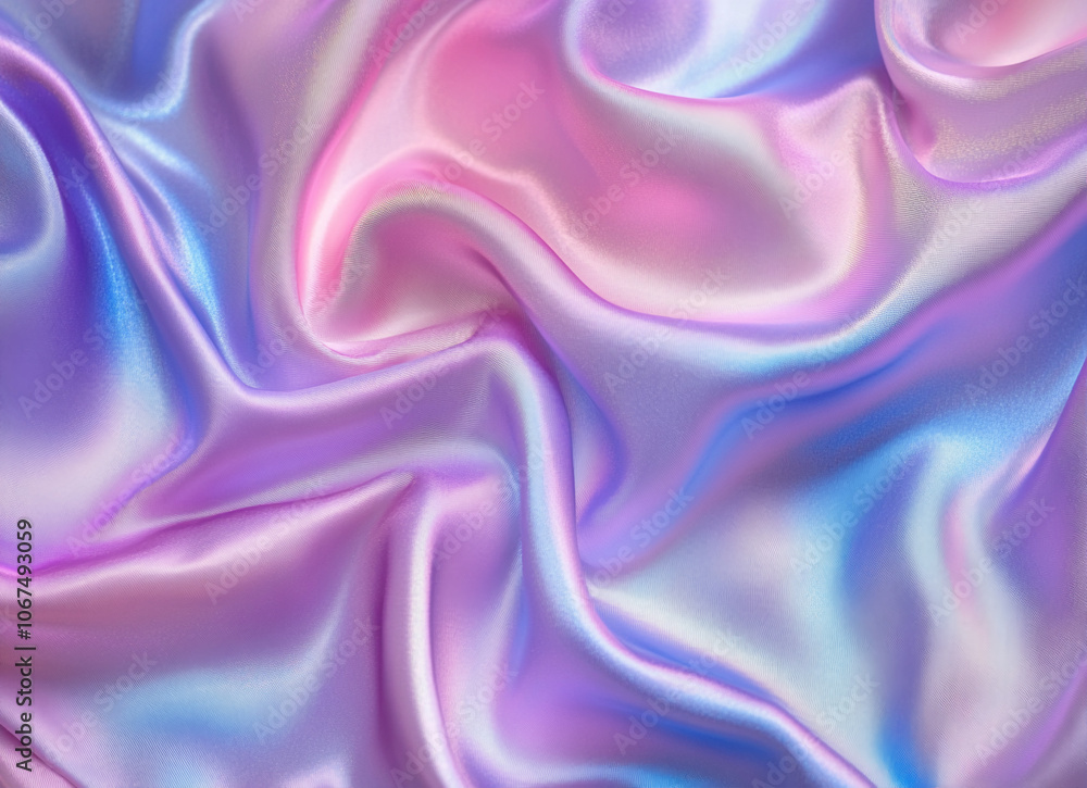 Fondo iridiscente holográfico con tonos rosa, azul y violeta y fondo de tela holográfica, abstracta y ondulada. Colores pastel suaves.