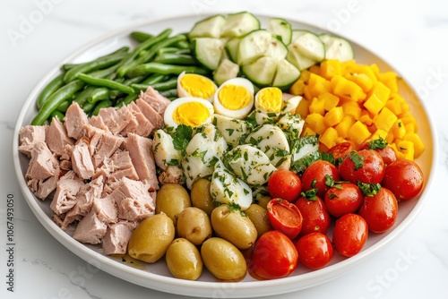 Nicoise Salad A French dish featuring eggs tuna cherry tomatoes olives potatoes green beans and cucumber beautifully arranged on a large plate against a white marble backd photo