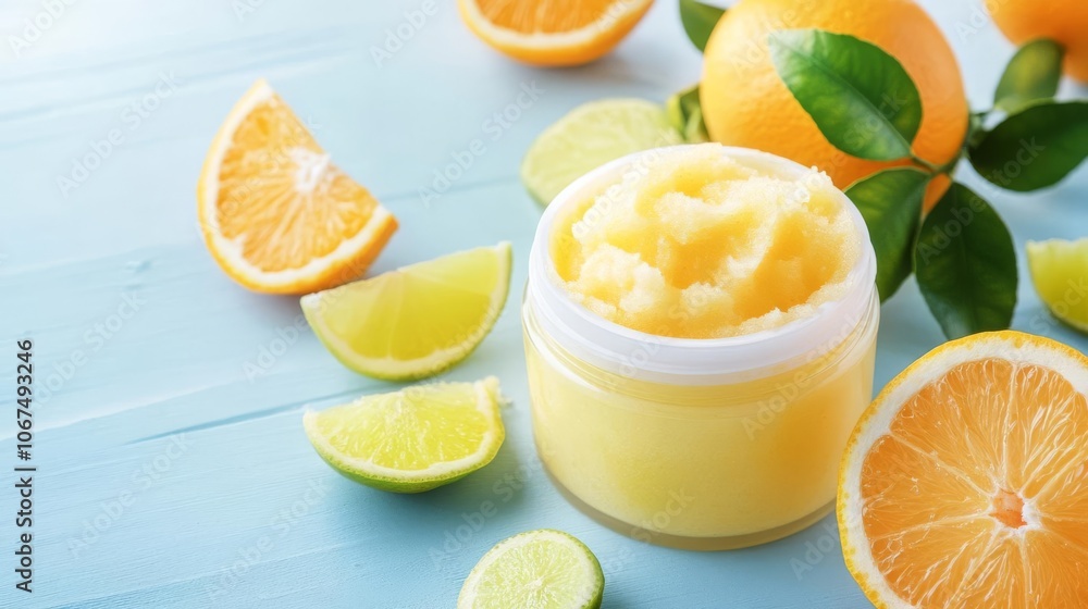 Fototapeta premium Natural exfoliating scrub with citrus fruits, bright and vibrant colors, glowing and fresh, natural skincare routine