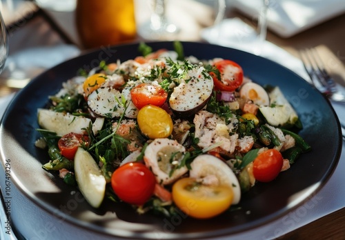 Nicoise Salad presented at a restaurant in Cannes France Slanted side perspective photo