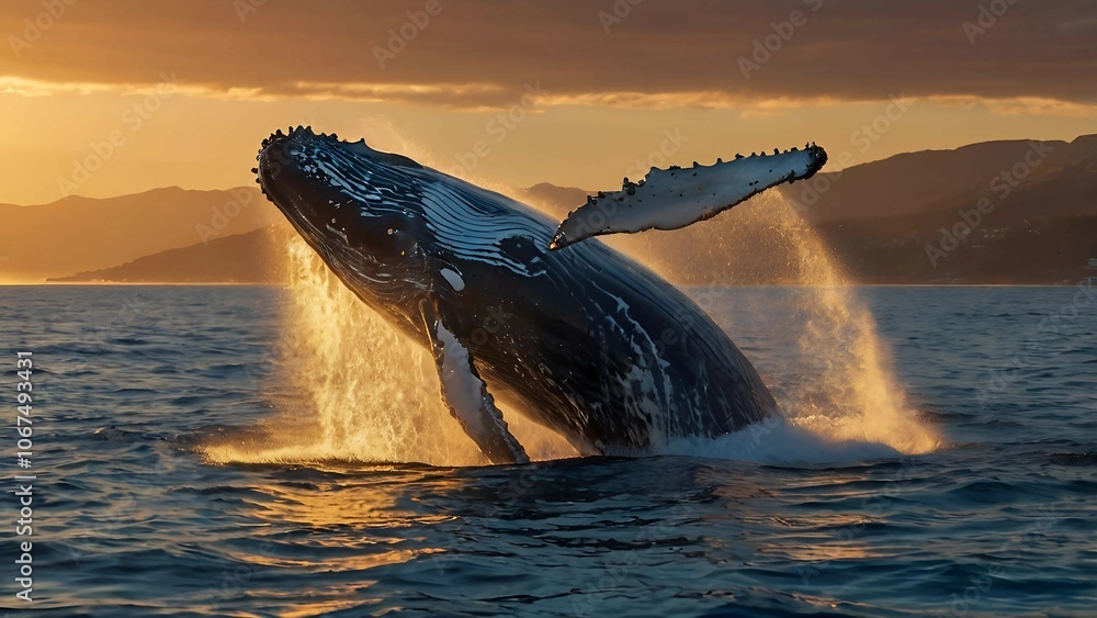 Fototapeta premium Majestic Humpback Whale Breaching at Sunset