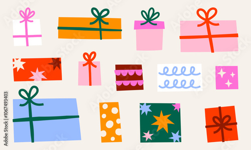 Cute cutout style Christmas gifts vector illustration set. Hand drawn holiday boxes graphic