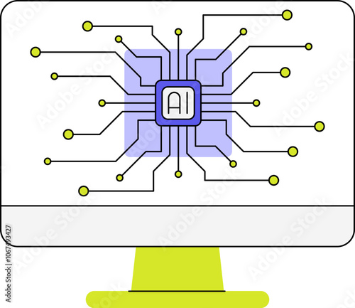 Artificial intelligence chip processor in computer flat vector illustration. AI technology data science graphic