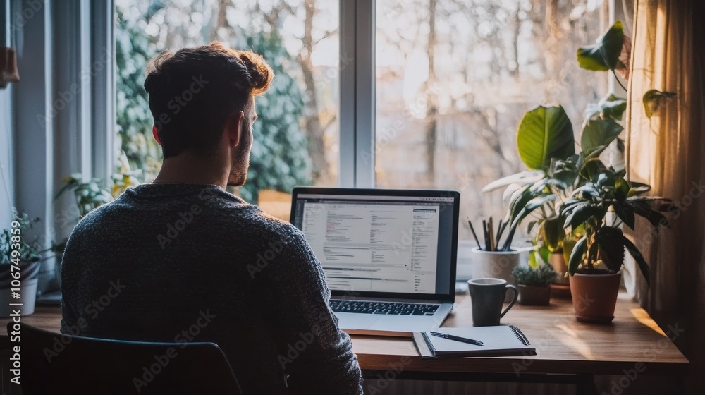 A person working on a laptop by a window with plants and a cup of coffee nearby. A person working on a laptop by a window with plants and a cup of coffee nearby.