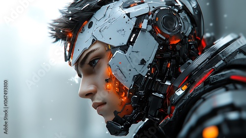 Detailed side view of a superhuman with robotic components in face and shoulders, with futuristic energy sources photo