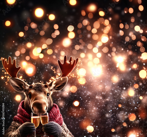 moose in red winter scarf  & 2 champaign/vine glasses isolated on christmas tree lights background; creative advertising idea: party, new year's eve invitation, restaurants, humorous greeting cards photo