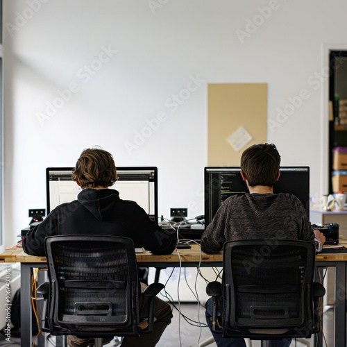 Rear view of computer programmers using laptop at office desk -