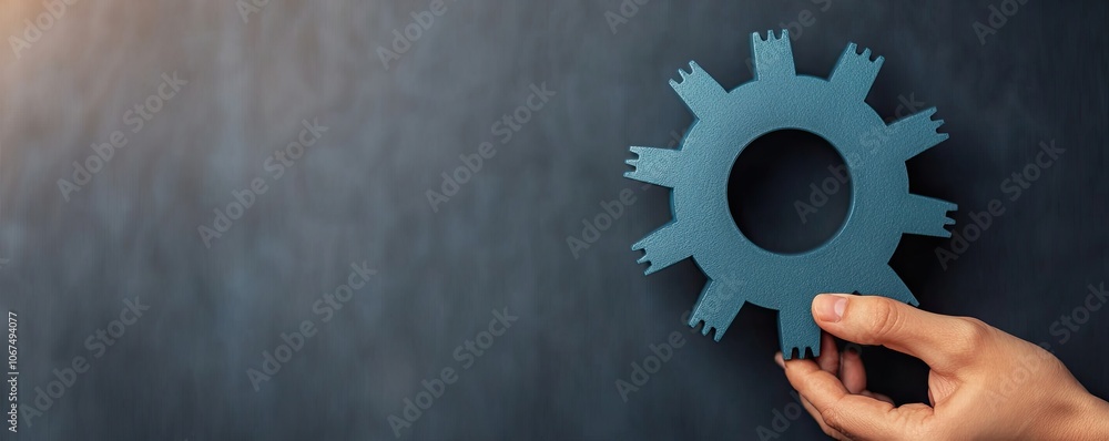 A hand holds a blue gear against a dark background, symbolizing concepts of mechanics, innovation, and teamwork. A hand holds a blue gear against a dark background, symbolizing concepts of mechanics, innovation, and teamwork.