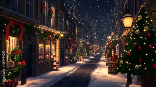 Cobblestone street adorned with glowing Christmas lights, wreaths, and garlands, surrounded by snow and festive decorations creating a cozy holiday ambiance at night.