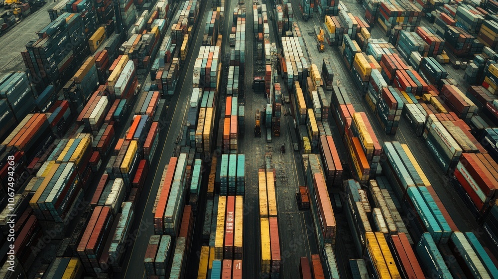 Aerial view of shipyard, rows of containers, global trade scene Aerial view of shipyard, rows of containers, global trade scene
