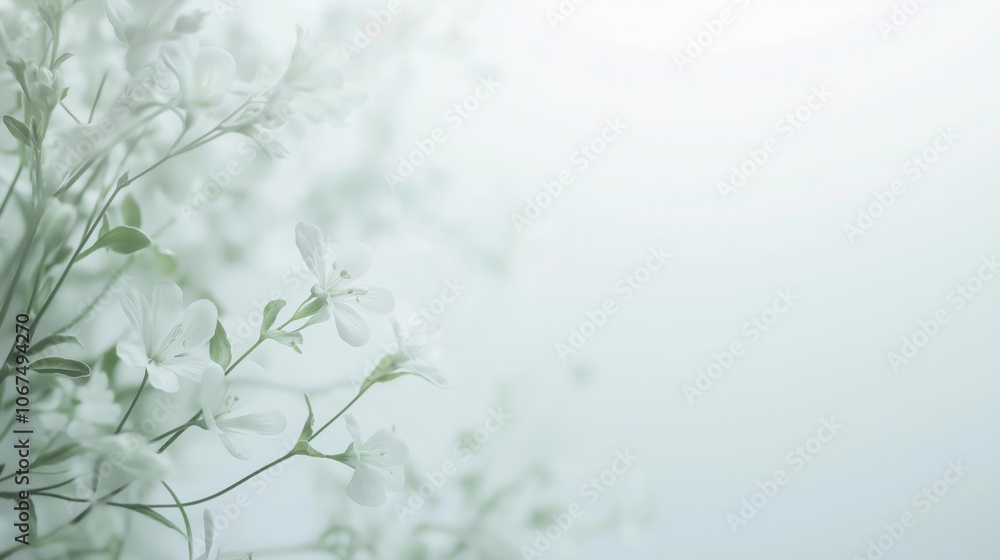 White flowers in the fog. The background is a light green shade. White flowers in the fog. The background is a light green shade.