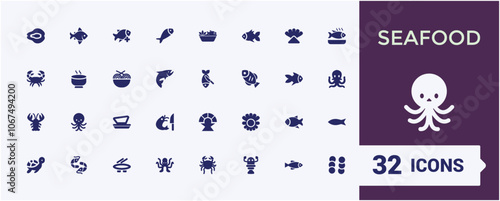 Seafood solid icon set. Containing grilled salmon, water, cuttlefish, fishing, fish bones, steak, baked and more. Pixel perfect. Editable vector illustration.