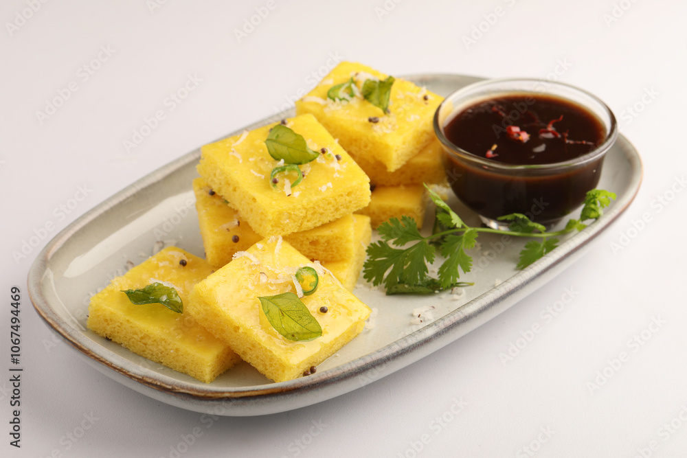 Dhokla, savoury sponge dish that is native to the Indian state of Gujarat and parts of adjacent states, and is popular throughout the country. It is made with a fermented batter that is steamed Dhokla, savoury sponge dish that is native to the Indian state of Gujarat and parts of adjacent states, and is popular throughout the country. It is made with a fermented batter that is steamed