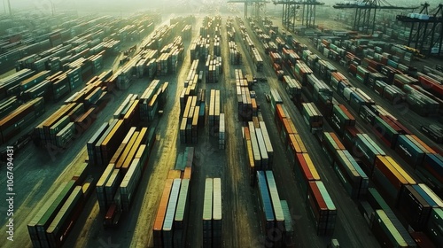 Aerial view of shipyard, rows of containers, global trade scene  photo