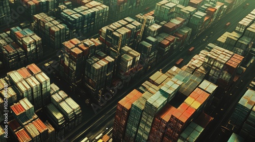 Aerial view of shipyard, rows of containers, global trade scene  photo