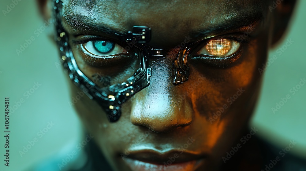 Portrait of a bionic superhuman showing digital display in one eye and metallic skin textures across face and neck Portrait of a bionic superhuman showing digital display in one eye and metallic skin textures across face and neck