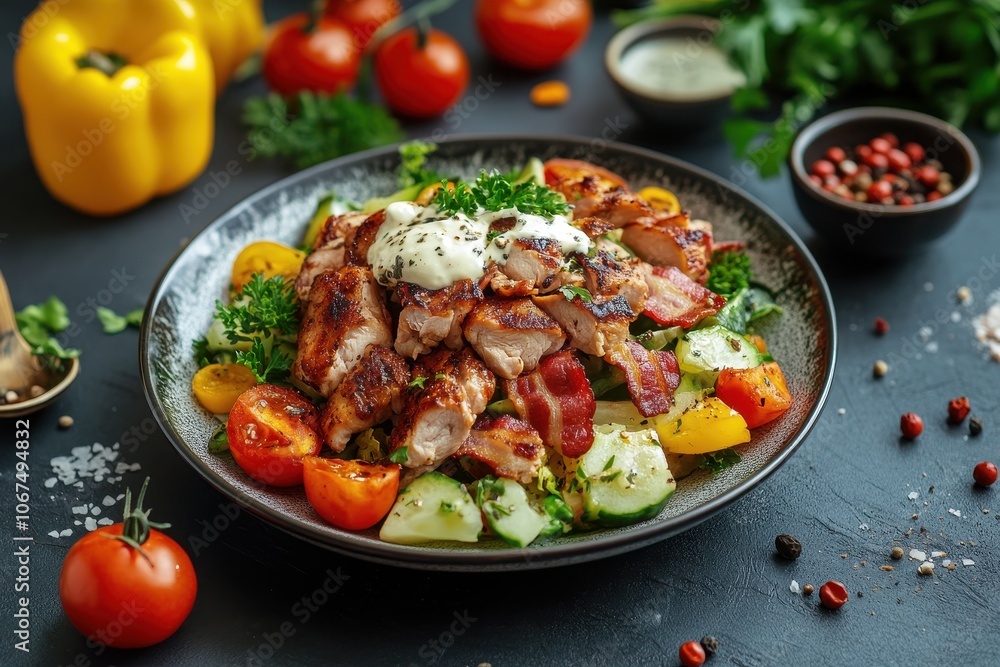 Polish chicken and bacon salad with vegetables and dressing a calorie dense dish featuring fresh produce from an Eastern European eatery Polish chicken and bacon salad with vegetables and dressing a calorie dense dish featuring fresh produce from an Eastern European eatery