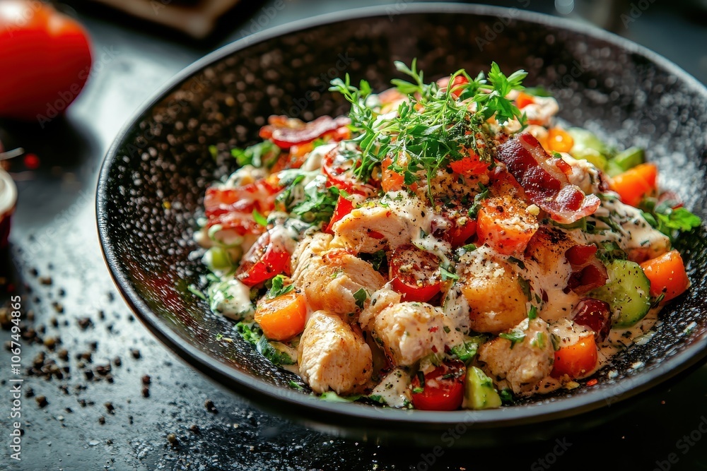 Polish chicken and bacon salad with vegetables and dressing a high calorie dish from Eastern European cuisine Polish chicken and bacon salad with vegetables and dressing a high calorie dish from Eastern European cuisine