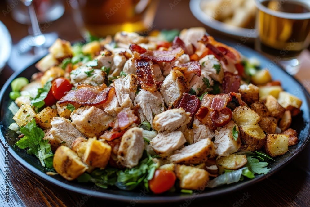 Polish chicken and bacon salad with vegetables and dressing calorie rich with beer viewed from above in an Eastern European restaurant Polish chicken and bacon salad with vegetables and dressing calorie rich with beer viewed from above in an Eastern European restaurant