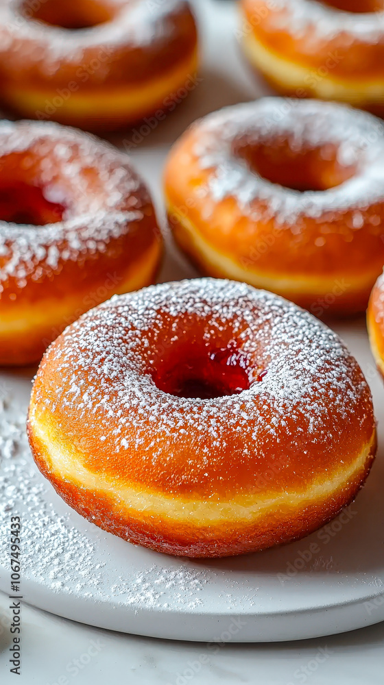 Delightful donuts coated in powdered sugar sit on a plate, inviting sweetness perfect for any occasion or snack Delightful donuts coated in powdered sugar sit on a plate, inviting sweetness perfect for any occasion or snack