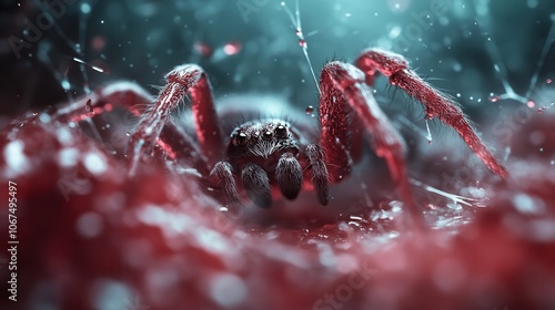 A vibrant close-up image showing a red spider perched on a sparkling web enhanced with dew drops, captured artistically, highlighting detail and the eerie beauty of nature. photo