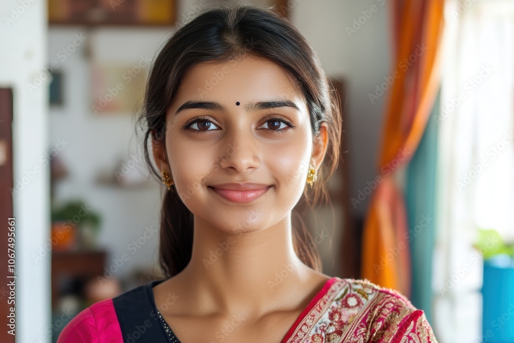 Portrait of a cheerful young Indian woman in a home or office setting Portrait of a cheerful young Indian woman in a home or office setting