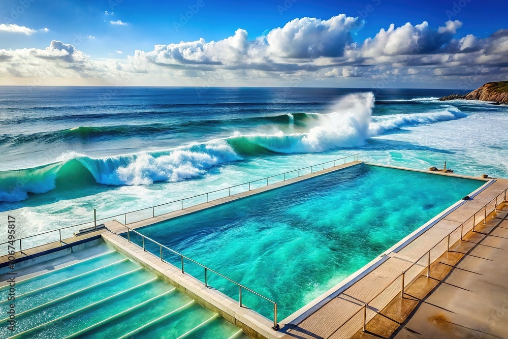Obraz premium Underwater Ocean Wave Panorama, Swimming Pool Sandy Bottom