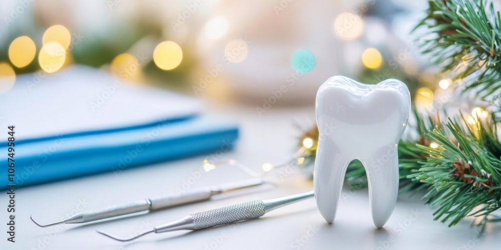 Dentist tools with New Year decor, sparkling lights, clean and fresh, start of a new year with health focus Dentist tools with New Year decor, sparkling lights, clean and fresh, start of a new year with health focus