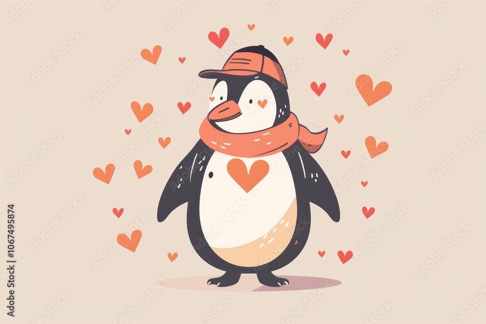 Fototapeta premium Cute penguin with hat and scarf surrounded by hearts