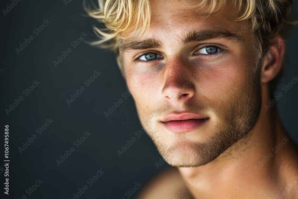 Portrait of a shirtless muscular blonde male model in a studio Close up ...