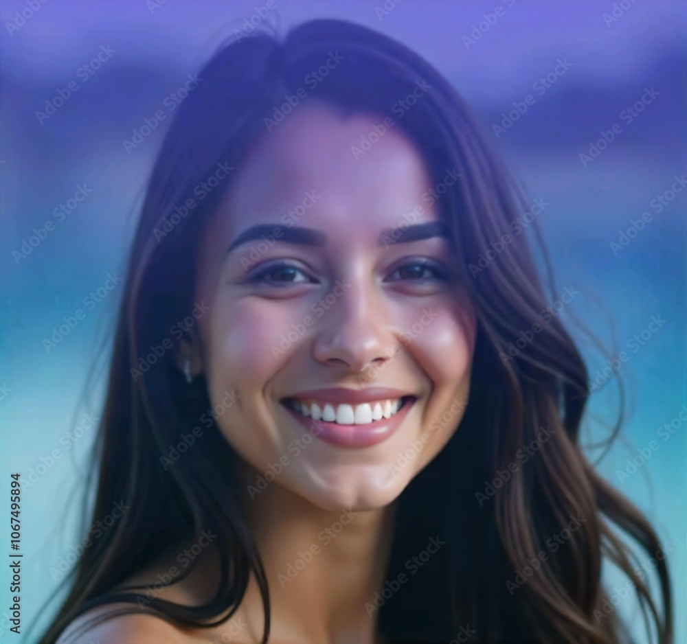 A young lady from Latin America with long dark hair and a warm smile is reflected in a blurred blue and green background A young lady from Latin America with long dark hair and a warm smile is reflected in a blurred blue and green background