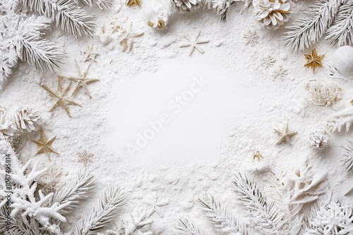 White Christmas background with fir branches and lights