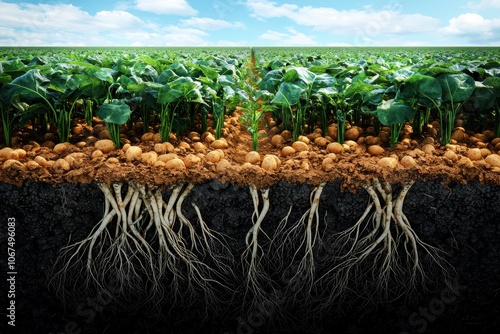 3D Illustration of Sweet Potatoes Growing in a Field