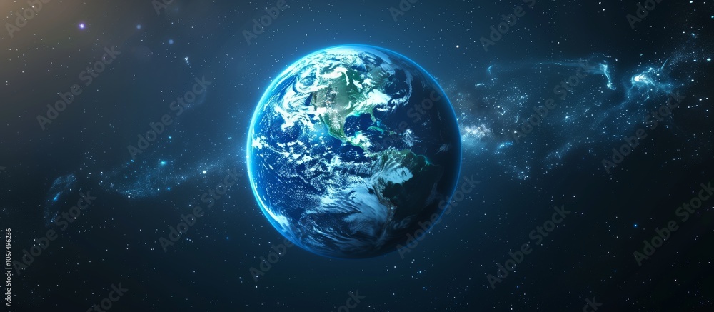 Obraz premium A stunning image of Earth viewed from space, showcasing the planet's vibrant colors and detailed continents amidst a backdrop of stars and cosmic dust. Perfect for space and Earth-themed projects.
