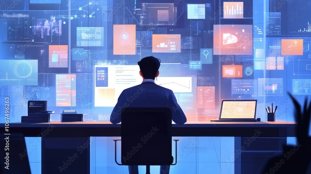 Back view, Manager in office workspace, surrounded by digital business and technological symbols icons Back view, Manager in office workspace, surrounded by digital business and technological symbols icons