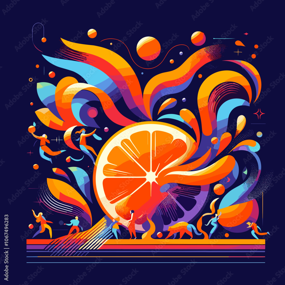 Fototapeta premium Vibrant Citrus Fruit Illustration with Dynamic Shapes and Figures on Abstract Background