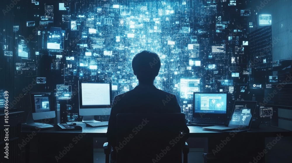 Back view, Manager in office workspace, surrounded by digital business and technological symbols icons Back view, Manager in office workspace, surrounded by digital business and technological symbols icons