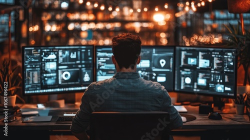 Back view, Manager in office workspace, surrounded by digital business and technological symbols icons photo