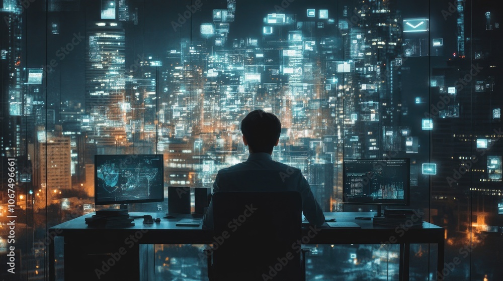 Back view, Manager in office workspace, surrounded by digital business and technological symbols icons Back view, Manager in office workspace, surrounded by digital business and technological symbols icons